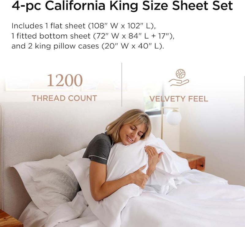 Photo 3 of (READ FULL POST) Threadmill Supima Cotton Sheets, 1200 Thread Count 100% Cotton Sheets for Cal King Size Bed, 4 Pc White Cal King Bed Sheets Set, 5-Star Hotel Quality with Elasticized Deep Pocket King Sheets