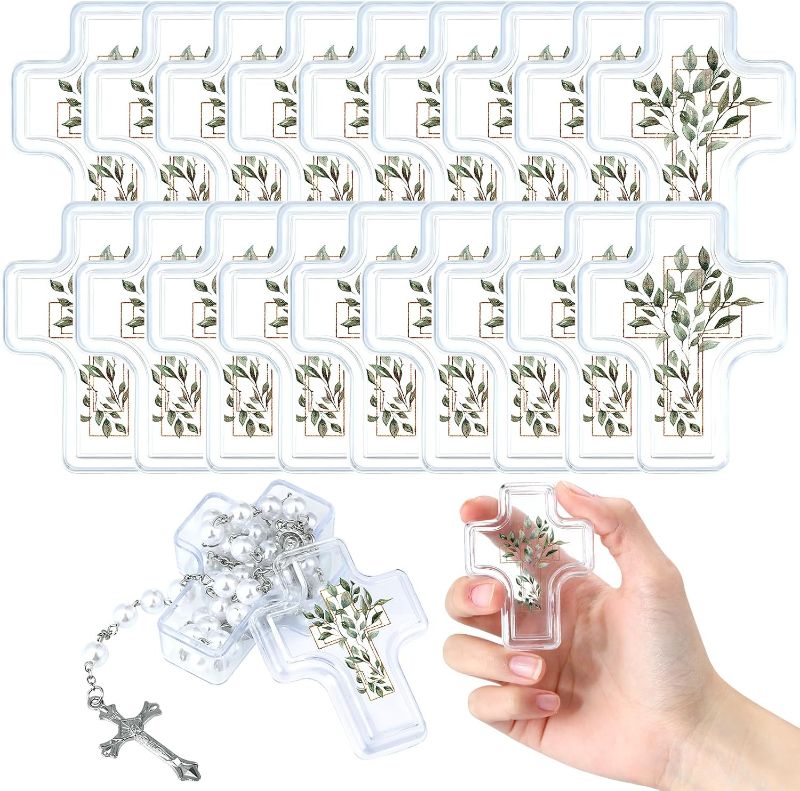 Photo 2 of (SEE NOTES) Ferreve 50 Pcs First Holy Communion Cross Shape Box Baby Rosary Cross Jeweled Trinket Box with Sticker 2.05" x 2.64" Decorative Keepsake Jewelry Boxes Ring Holder Home Decoration