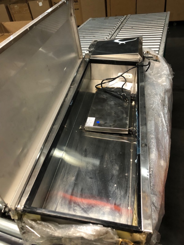 Photo 1 of **DAMAGED READ NOTES**
VEVOR E60TW-G, 150 W Countertop Refrigerated Condiment Station, with 4 1/3 4 1/6 Pans, 304 Body and PC Lid, Sandwich Prep Table Guard, ETL, Stainless 60in, Silver