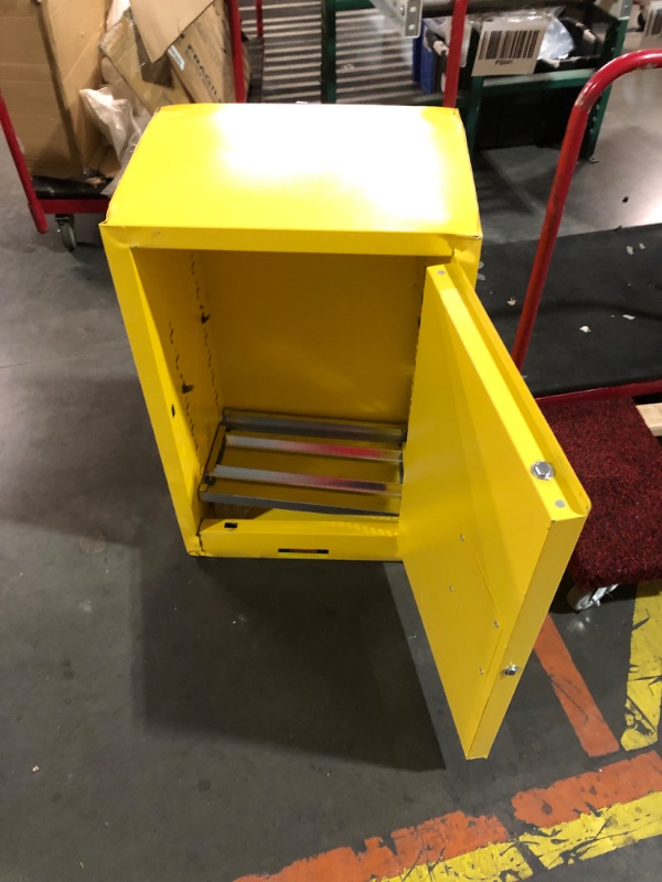 Photo 4 of ***NONREFUNDABLE - THIS SALE FINAL -  PARTS ONLY - SEE COMMENTS***
Justrite 12 Gallon Self Close Countertop Flammable Storage Cabinet, 18 Gauge Steel, 1 Shelf, 1 Door Fire Cabinet, 35" x 23" x 18", Made in The USA, Yellow, 891220, 18"D x 23.25"W x 35"H