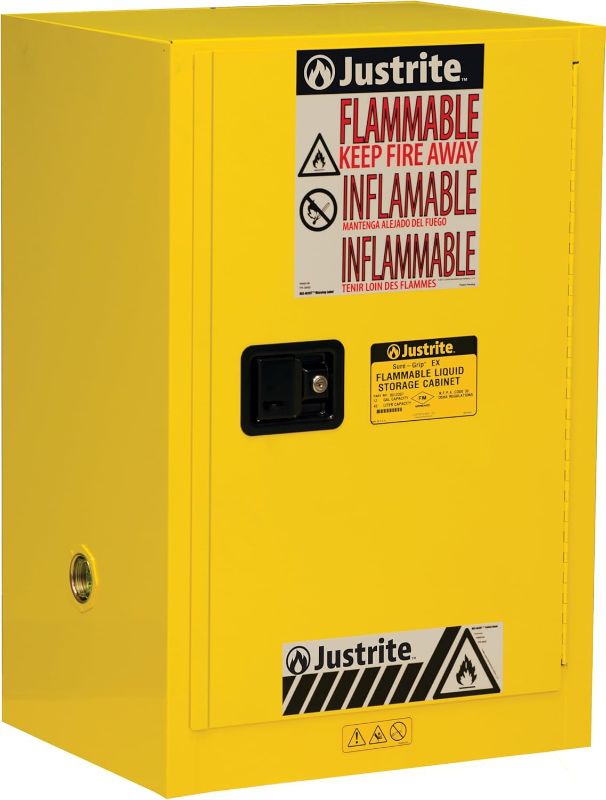 Photo 1 of ***NONREFUNDABLE - THIS SALE FINAL -  PARTS ONLY - SEE COMMENTS***
Justrite 12 Gallon Self Close Countertop Flammable Storage Cabinet, 18 Gauge Steel, 1 Shelf, 1 Door Fire Cabinet, 35" x 23" x 18", Made in The USA, Yellow, 891220, 18"D x 23.25"W x 35"H