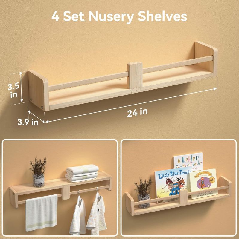 Photo 3 of **NON-REFUNDABLE** (PARTS) Boswillon 24 Inch Nursery Book Shelves, Floating Shelves Set of 4, Wall Mounted Hanging Shelves for Kids Room Wall, White Wall Shelf, Baby Book Shelves for Kids Bedroom Decor Organizer - Natural Wood