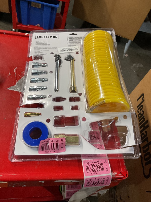 Photo 2 of **MISSING PIECES** 
CRAFTSMAN 20-Piece Air Compressor Accessory Kit, Includes Recoil Hose, Tire Inflator, Blow Gun, Brass Quick-Connect Fittings, and More