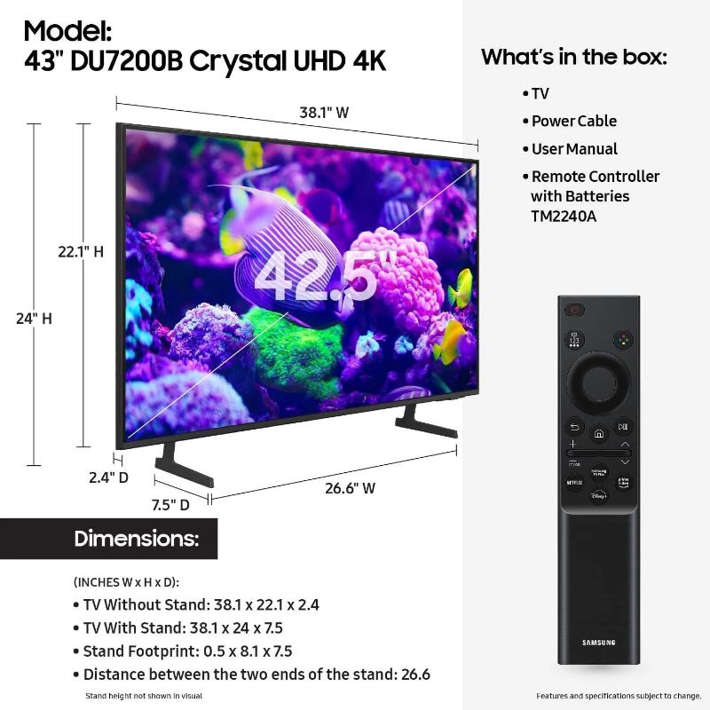 Photo 5 of (READ FULL POST) SAMSUNG 43-Inch Class DU7200B (2024) Crystal UHD 4K Smart Tizen TV Slim Look | UN43DU7200BXZA