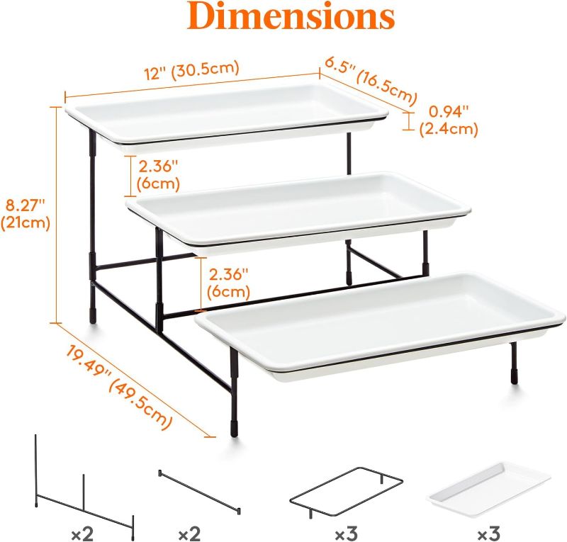 Photo 3 of (READ FULL POST) Lifewit 3 Tiered Plastic Serving Tray for Party Supplies, 12" x 6.5" Platters for Serving Food, White Reusable Trays with Black Mental Display Stand for Veggie, Fruit, Cookies, Dessert