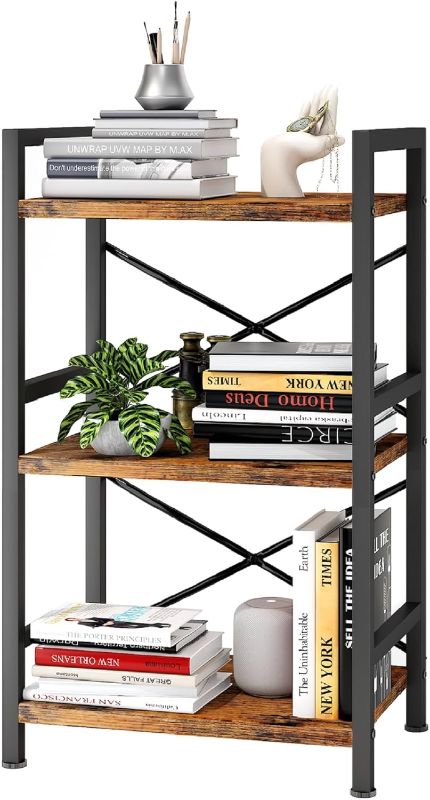 Photo 1 of (READ FULL POST) Homeiju Bookshelf, 3 Tier Industrial Bookcase, Metal Small Bookcase, Rustic Etagere Book Shelf Storage Organizer for Living Room, Bedroom, and Home Office(Rustic Brown) Patent Pending D29873033
