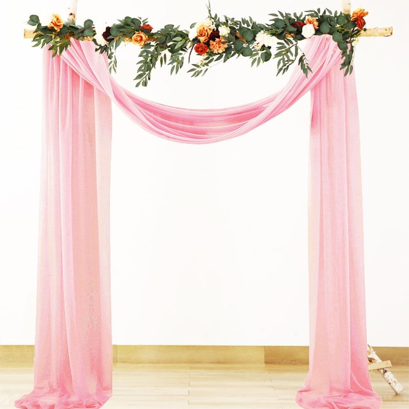 Photo 1 of 2 Panels Pink Wedding Arch Draping Fabric 20 FT Chiffon Sheer Fabric for Draping Fitted Ceiling Draped Arbor Arch Backdrop Curtain for Wedding Ceremony Party Engagement Bridal Shower decoration
