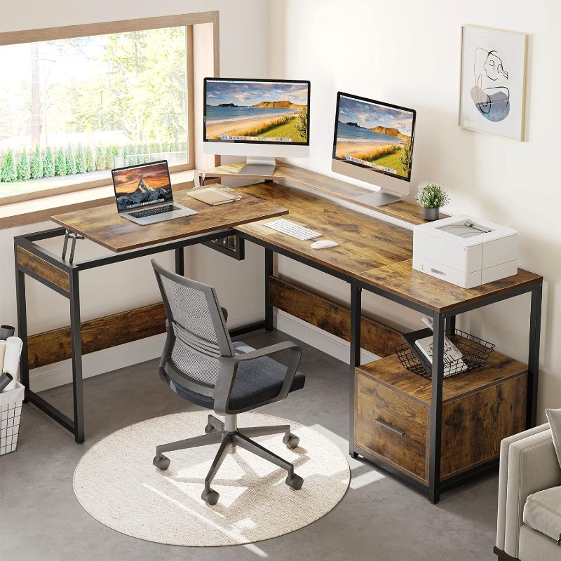 Photo 1 of *PARTIAL SET ONLY BOX 2 OF 2* YITAHOME L Shaped Desk with File Drawer, 65" Large Computer Desk Corner Desk with Lift Top, Standing Desk Height Adjustable with Monitor Stand & Storage Shelves for Home Office, Rustic Brown
