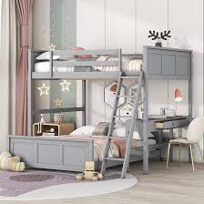 Photo 1 of *MISSING PARTS* PARTIAL SET 1/2* Full Over Full Bunk Bed with Desk and Storage Drawers, Solid Wood Loft Bunk Bed Frame for Kids Teens Adults (Gray)
