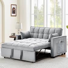 Photo 1 of * SEE PHOTOS FOR TYPE*   Sofa Couch Bed, Small Tufted Velvet Convertible Loveseat Futon Sofa w/Pullout Bed, Adjustable Backrest, Cylinder Pillows for Living Room Apartment, Easy to Assemble, Grey, 55.5"
