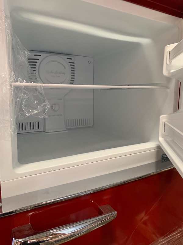 Photo 4 of *DAMAGED* Galanz GLR12TRDEFR Refrigerator, Dual Door Fridge, Adjustable Electrical Thermostat Control with Top Mount Freezer Compartment, Retro Red, 12.0 Cu Ft
