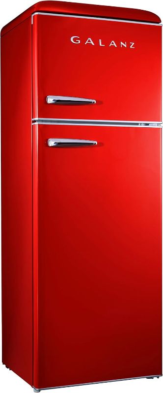 Photo 1 of *DAMAGED* Galanz GLR12TRDEFR Refrigerator, Dual Door Fridge, Adjustable Electrical Thermostat Control with Top Mount Freezer Compartment, Retro Red, 12.0 Cu Ft
