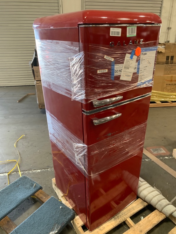 Photo 2 of *DAMAGED* Galanz GLR12TRDEFR Refrigerator, Dual Door Fridge, Adjustable Electrical Thermostat Control with Top Mount Freezer Compartment, Retro Red, 12.0 Cu Ft
