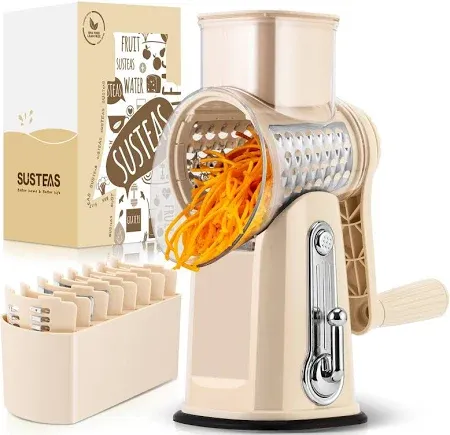 Photo 1 of (NO HANDLE) SUSTEAS Rotary Cheese Grater with Handle, Vegetable Food Shredder with 5 Well-designed Blades & Strong Suction Base, Round Mandoline Slicer & Fruit
