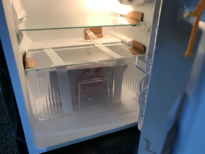 Photo 1 of *DAMAGED* GE Mini Fridge With Freezer | 3.1 Cubic Ft. | Double-Door Design With Glass Shelves, Crisper Drawer & Spacious Freezer | Small Refrigerator Perfect for the Garage, Dorm Room, or Bedroom | Clean Steel