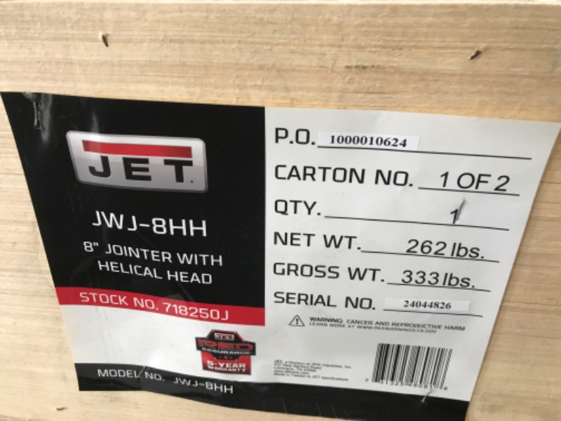 Photo 5 of *INCOMPLETE SET BOX 1 OF 2* Jet 718250K JJ-8HH 8 Jointer with Helical Head Kit in Woodworking