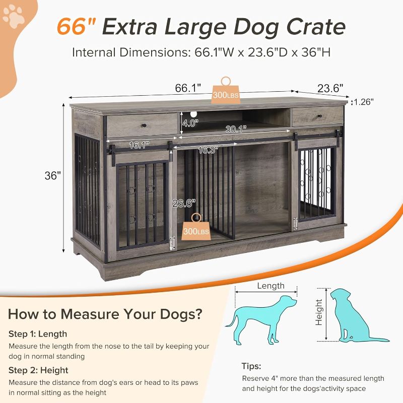 Photo 1 of *NO INSTRUCTIONS//PREVIOUSLY OPENBED//MISSING SOME HARDWARE** GNIXUU Large Dog Crate Furniture, 66.1" Wood Dog Kennel with Divider & Drawer & Double Doors, Heavy Duty Dog Crate Furniture Indoor Cage for...
