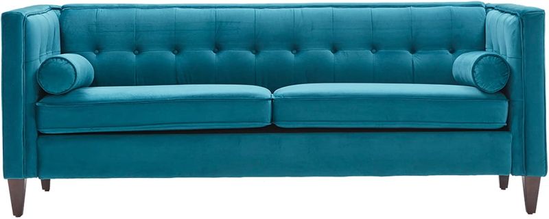 Photo 1 of **BOX 1/2 // PARTIAL SET** Dreamsir 78'' W Velvet Sofa, Mid-Century Love Seats Sofa Furniture with Bolster Pillows, Button Tufted Couch for Living Room, Tool-Free Assembly (Sofa, Peacock Blue)
