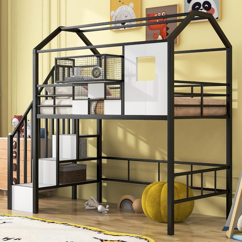 Photo 1 of *MISSING BOX 2 OF 2 ** BOVZA Twin Size House Loft Bed with Stairs and Roof, Kids Metal Low Loft Bed Frame with a Storage Box and Saftey Guardrails for Teens Boys, Black+White
