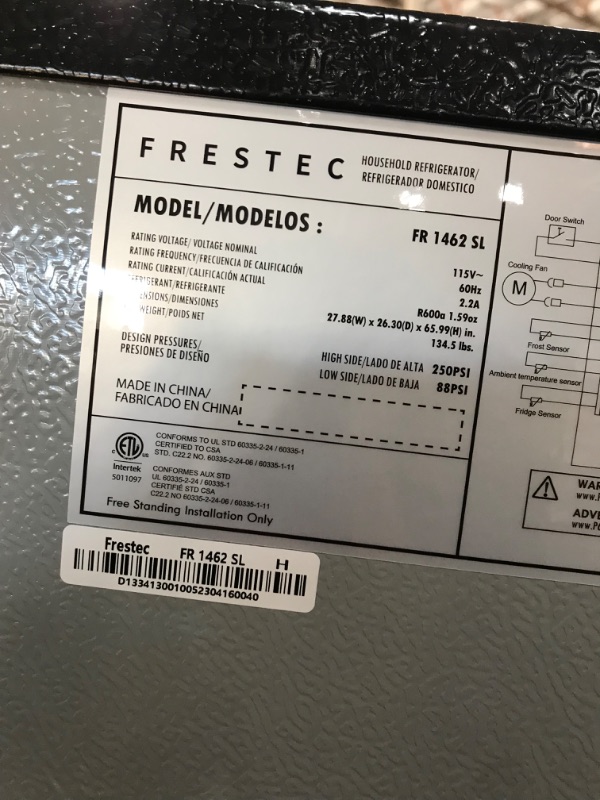 Photo 6 of ***SEE NOTES*** 
Frestec 14.6 CU' Refrigerator with Freezer, Apartment Size Refrigerator Top Freezer, 2 Door Fridge with Adjustable Thermostat Control, Freestanding, Door Swing, Stainless Steel (FR 1462 SL)