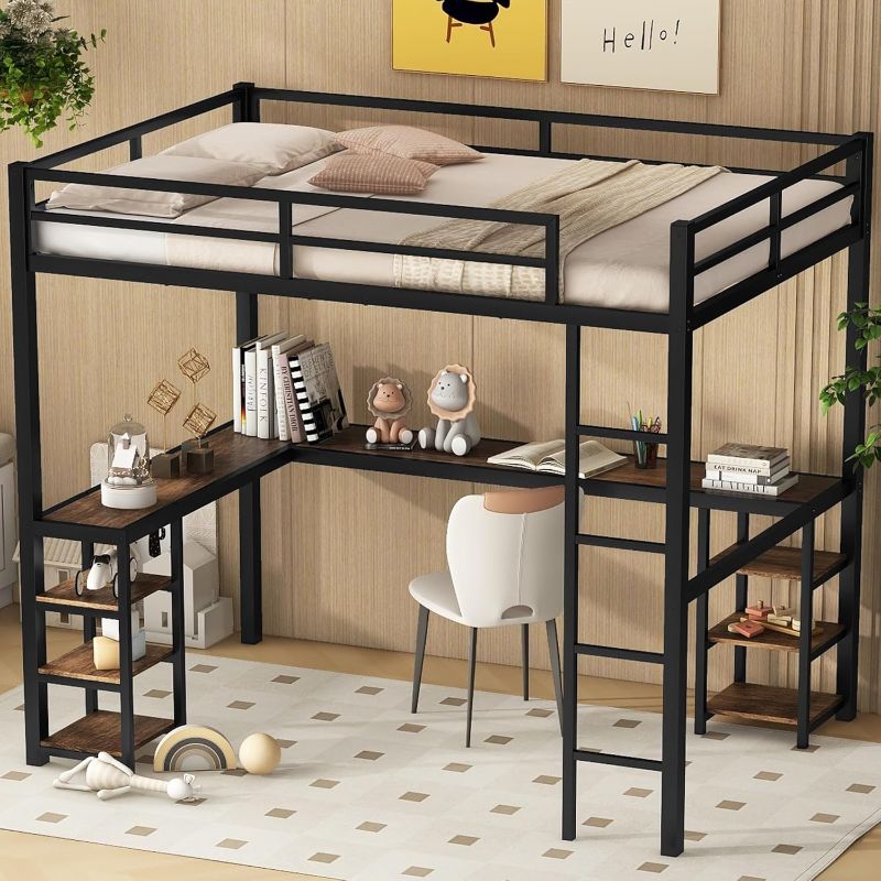 Photo 1 of ****stock photo for reference****Full XL Loft Bed with Desk and Storage Shelves, Heavy Duty Loft Bed with Black Desk, Ladder and Guardrail, Full XL Loft Bed for Kids, Teens(Full XL Black)
