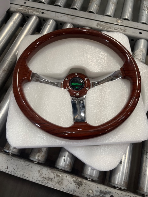 Photo 2 of 350mm 14" Deep Dish Acrylic Wood Grain Steering Wheel,Universal 6 Bolts EZGO Golf Cart Steering Wheel Slotted 3 Spoke with Horn button