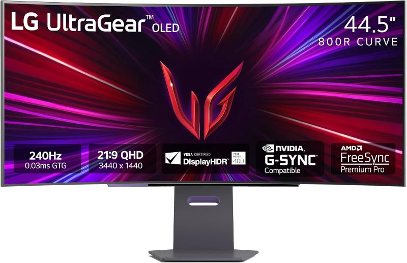 Photo 1 of ***NO POWER CORD, CANNOT FULLY TEST***LG 45GS95QE Ultragear OLED Curved Gaming Monitor 45-Inch WQHD 800R 240Hz 0.03ms DisplayHDR True Black 400 AMD FreeSync Premium Pro NVIDIA G-Sync HDMI 2.1 DisplayPort Tilt/Height/Swivel Stand - Black
