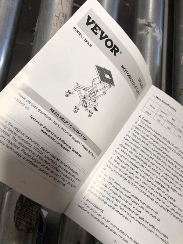 Photo 2 of ***USED - INCOMPLETE - MISSING PARTS - UNABLE TO VERIFY FUNCTIONALITY***
VEVOR Hydraulic Motorcycle Lift Jack Table, 350 LBS Foot-Operated Motorcycle Scissor Jack Lift with Wide Deck, J-Hooks, ATV Dirt Bike Scissor Stand with 4 Wheels
