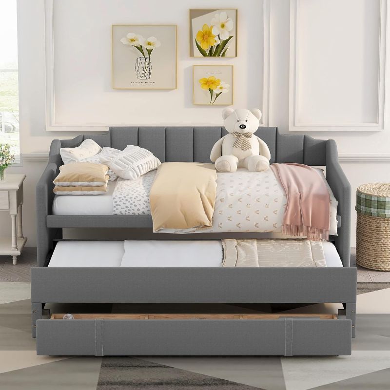 Photo 1 of *INCOMPLETE BOX 2 OF 2** Upholstered Daybed with Trundle, Twin Size Bed Frame with 3 Storrage Drawers or Boys Girls Bedroom (Grey)
