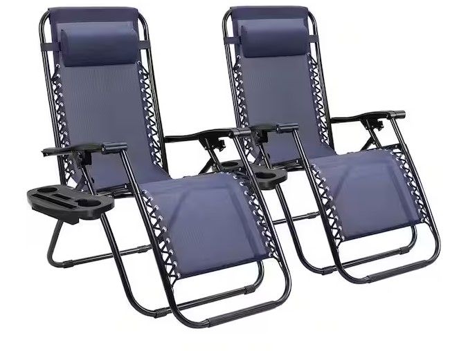 Photo 1 of 2-Piece Dark Blue Zero Gravity Black Metal Lawn Chair Set Adjustable Folding Beach Chair with Pillows and Cup Holders


