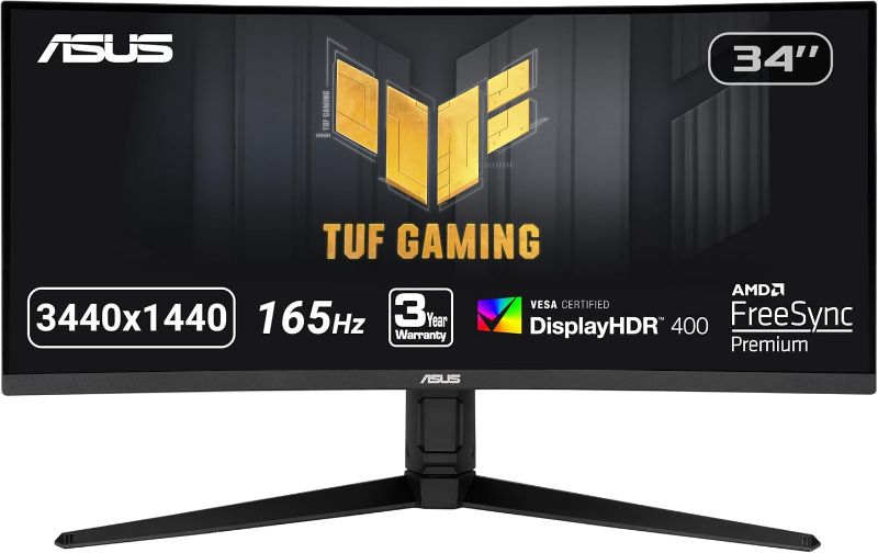 Photo 1 of ASUS TUF 34 Inch Curved Gaming Monitor - WQHD (3440x1440), 165Hz, 1ms, Extreme Low Motion Blur, FreeSync Premium, Eye Care, Height Adjustable, DisplayHDR 400, DisplayPort, HDMI, USB - VG34VQL1B
