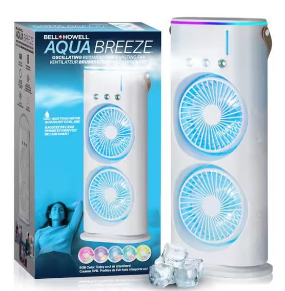 Photo 1 of 
Bell + Howell
Aqua Breeze 3.5 in. 3-Fan Speeds Rechargeable LED Cooling Oscillation Personal Dual Misting Fan in White with Remote