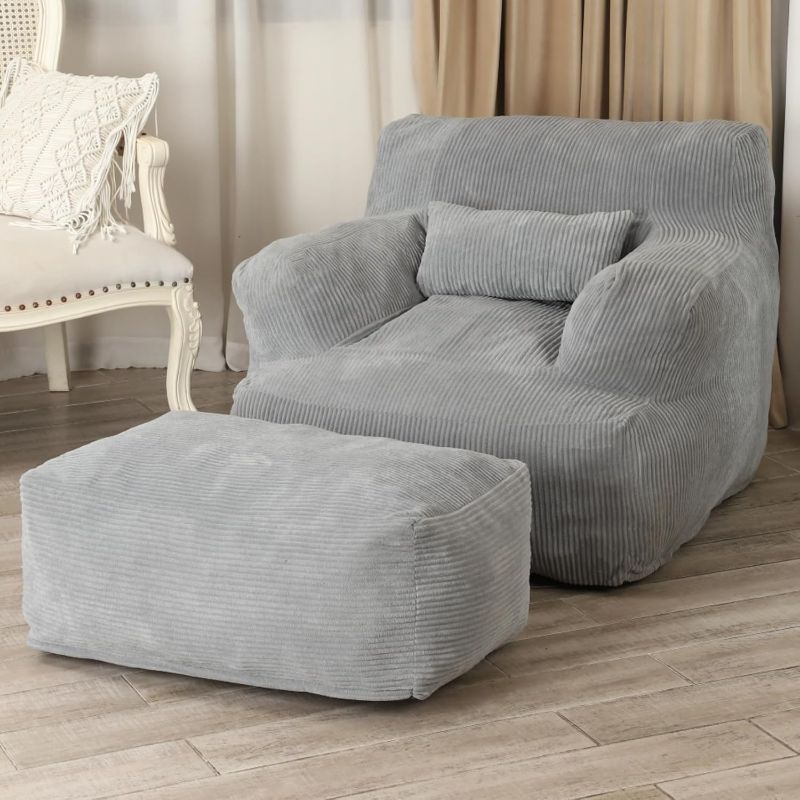 Photo 1 of *STOCK PHOTO JUST FOR REFERENCE//COLOR MAY VARY** LOVMOC Bean Bag Sofa Chair with Ottoman, Giant Bean Bag Chair for Adults, Comfy Reading Chair with a Throw Pillow for Dorm Room, Living Room, Bedroom (Grey)