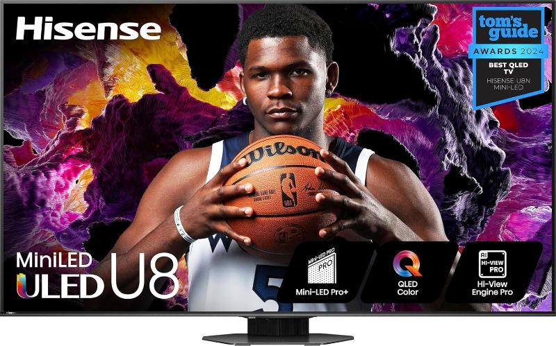 Photo 1 of *POWERS ON** Hisense 65-Inch Class U8 Series Mini-LED ULED 4K UHD Google Smart TV (65U8N, 2024 Model) - QLED, Native 144Hz, Full Array Local Dimming, Game Mode Pro, Alexa Compatibility
