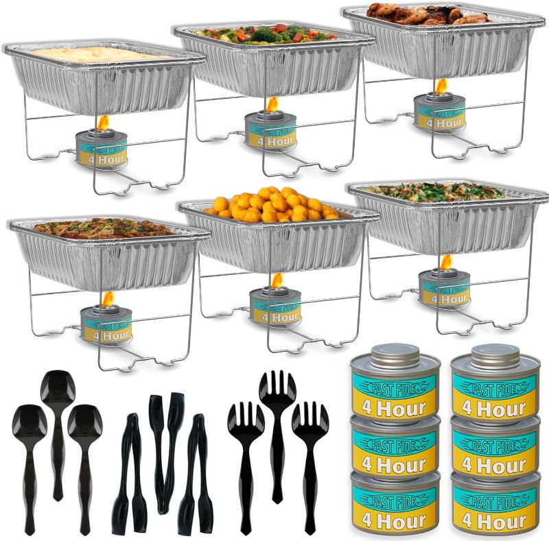 Photo 1 of (READ FULL POST) Chafing Dish Buffet Set, Half Size, Disposable Catering Supplies -6 Pack- Food Warmers for Parties: Foldable Wire Racks, Fuel, Aluminum Water Pans, Food Pans, Serving Utensils -Single Pan Food Warmer
