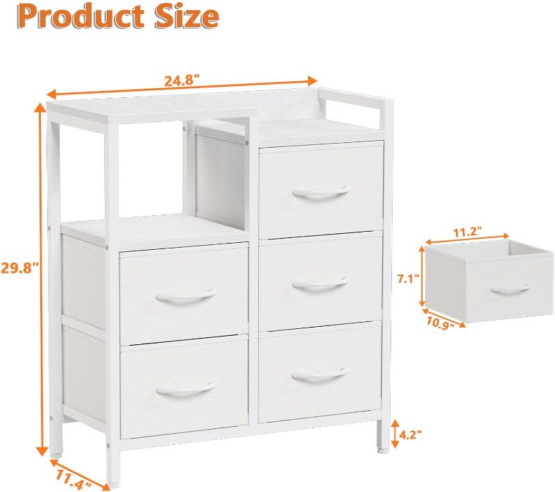 Photo 3 of (READ FULL POST) (PARTS)  Furnulem 5 Drawer White Dressers for Bedroom Tall 2 Tier Shelf Storage Small Fabric Dresser for Closet Sturdy Metal Frame Modern Dresser Bedroom Dresser with Drawers for Hallway Rooms