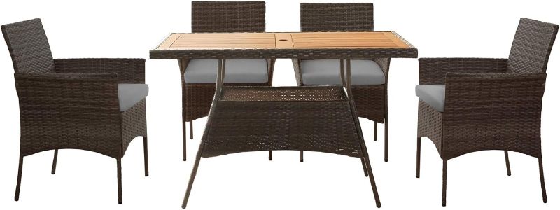 Photo 1 of ***Chairs Only***Teamson Home Outdoor PE Rattan Dining Set for Four, Removable Water-Resistant Cushions, Acadia Wood-Slated Table Top for Patios, Decks, Gardens, Poolside, or Sunrooms, Brown and Gray
