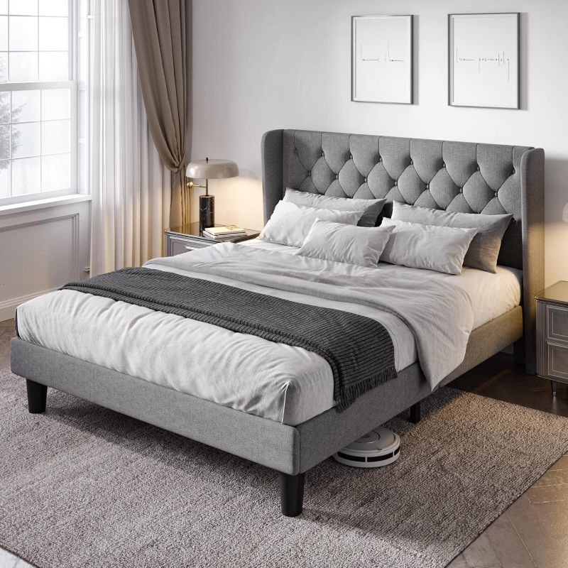 Photo 1 of  twin xl Bed Frame with Button Tufted Wingback Headboard, Modern Upholstered Bed Frame with Solid Wooden Slats Support - No Box Spring Needed, Easy Assembly, Light Grey