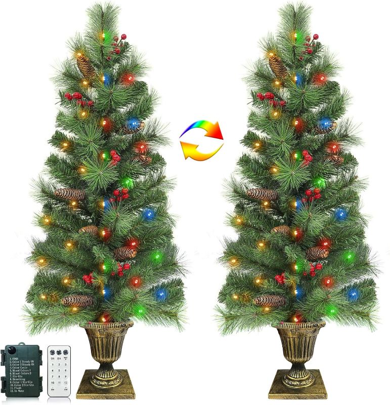 Photo 1 of 2 Pack 3Ft Douglas Fir Potted Christmas Entrance Tree with Warm White & Multcolor Changing Lights 12 Modes Timer Remote, Gold Urn Base Big Pinecone Red Berries, Outdoor Xmas Tree Porch Entryway Decor