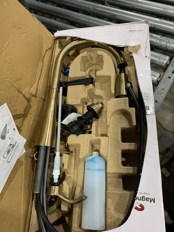 Photo 1 of Pfister Barulli Single Handle Pull Down Sprayer Kitchen Faucet with Deckplate Included and Soap Dispenser in Brushed Gold F-529-7BARBG