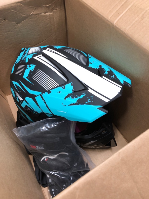 Photo 1 of **color: light blue** Motorcycle Dirt Bike Helmet Full Face Motocross Helmets for Outdoor Sports Off Road Racing Mountain Bike Men Women Off-Road Helmet Gloves Goggles for Adult Youth DOT/FMVSS 218 Approve