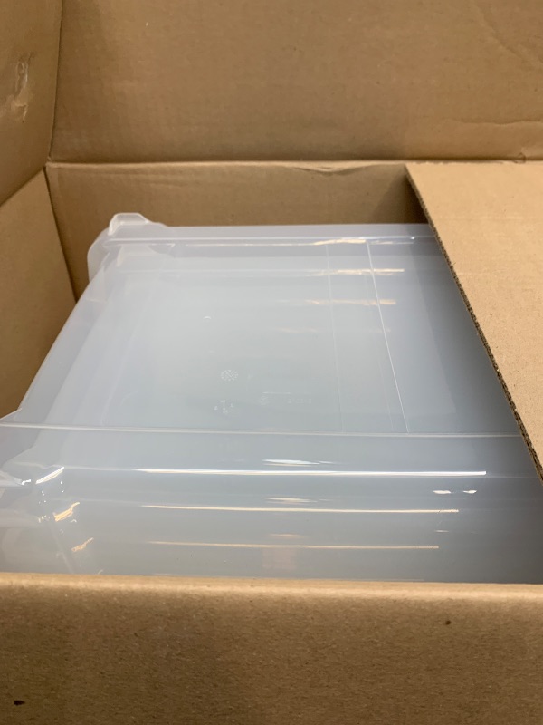 Photo 1 of Amazon Basics Plastic Storage Bins with Lids, Stackable, 32 Quart, Clear/Grey, Set of 6