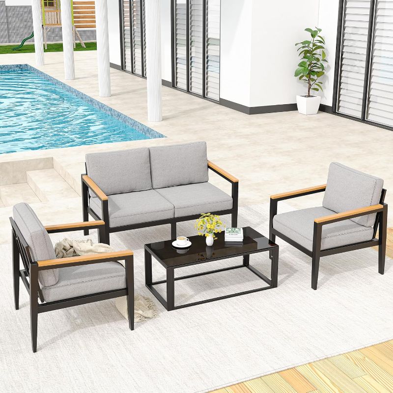 Photo 1 of ***NONREFUNDABLE - PARTS ONLY - INCOMPLETE - SEE COMMENTS***
IDEALHOUSE Aluminum Patio Furniture Set,4 Piece Modern Outdoor Conversation Sets with 4 inch Cushion & Tempered Glass Table Outside Furniture Sets Light Grey