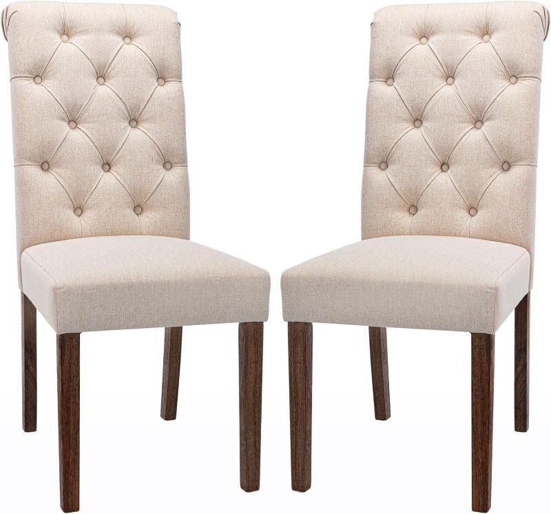 Photo 1 of [MISSING PARTS- SEE CLERK NOTES']COLAMY Tufted Dining Room Chairs Set of 2, Accent Parsons Diner Chairs Upholstered Fabric Side Stylish Kitchen Chairs with Solid Wood Legs and Padded Seat - Beige