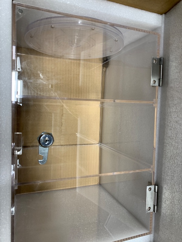 Photo 1 of Clear Acrylic Countertop Display Case: 3-Tier Showcase with Lock Key - Detachable Rotating Display Cabinet Suitable for Figures Rock Collectibles(9.45x9.45x14.36inch)