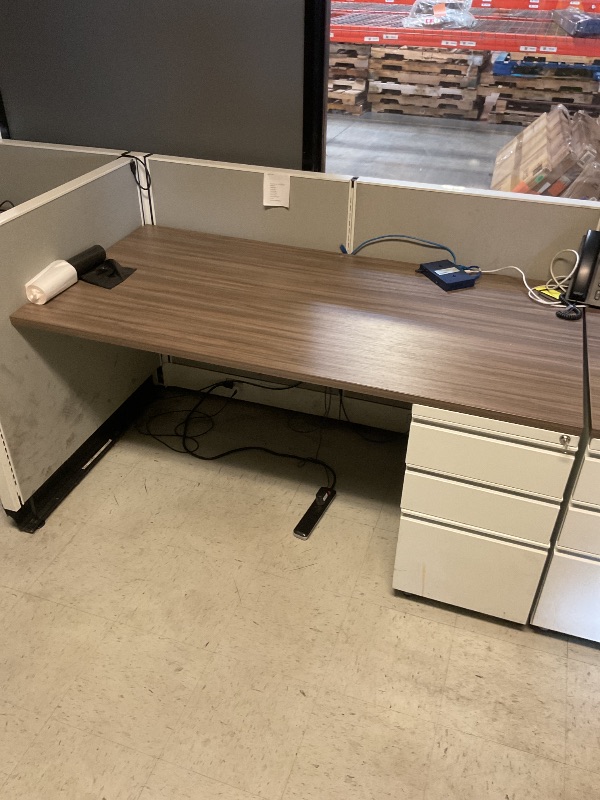 View 2 of 4 person desk cubicle with shelving included 