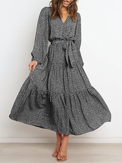 Photo 1 of ***SIMILAR PRODUCT***
PRETTYGARDEN Womens Fall Long Sleeve Wrap V Neck Ruffle Floral Maxi Dress Casual Tie Waist Boho Chiffon Flowy Long Dresses. M