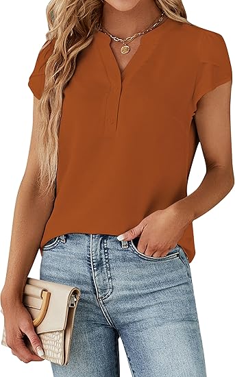 Photo 1 of Blooming Jelly Women's Dressy Casual Tops Business Work Blouses White Button Down Shirts Cap Sleeve V Neck Tshirt