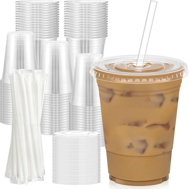 Photo 1 of 100 Pack - 16 oz Clear Plastic Cups with Lids and Straws, Sturdy & Food Safe Iced Coffee Cups with lids, Iced Coffee Cup, Disposable Cups Plastic Coffee Cups Smoothie Cups for Cold Drinks