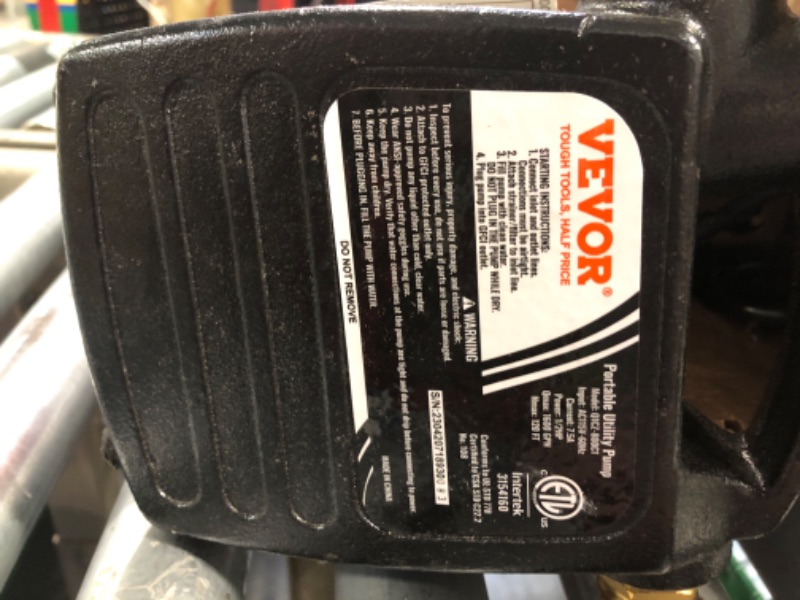 Photo 3 of ***VERY DAMAGED BOX*** VEVOR Cast Iron Water Transfer Pump, 115V AC 1600 GPH 1/2HP, Portable Electric Utility Pump with Carbon Brush, Filter, Brass Connectors, for Garden, Rain Barrel, Pool, Pond, Hot Tub, Aquarium Draining